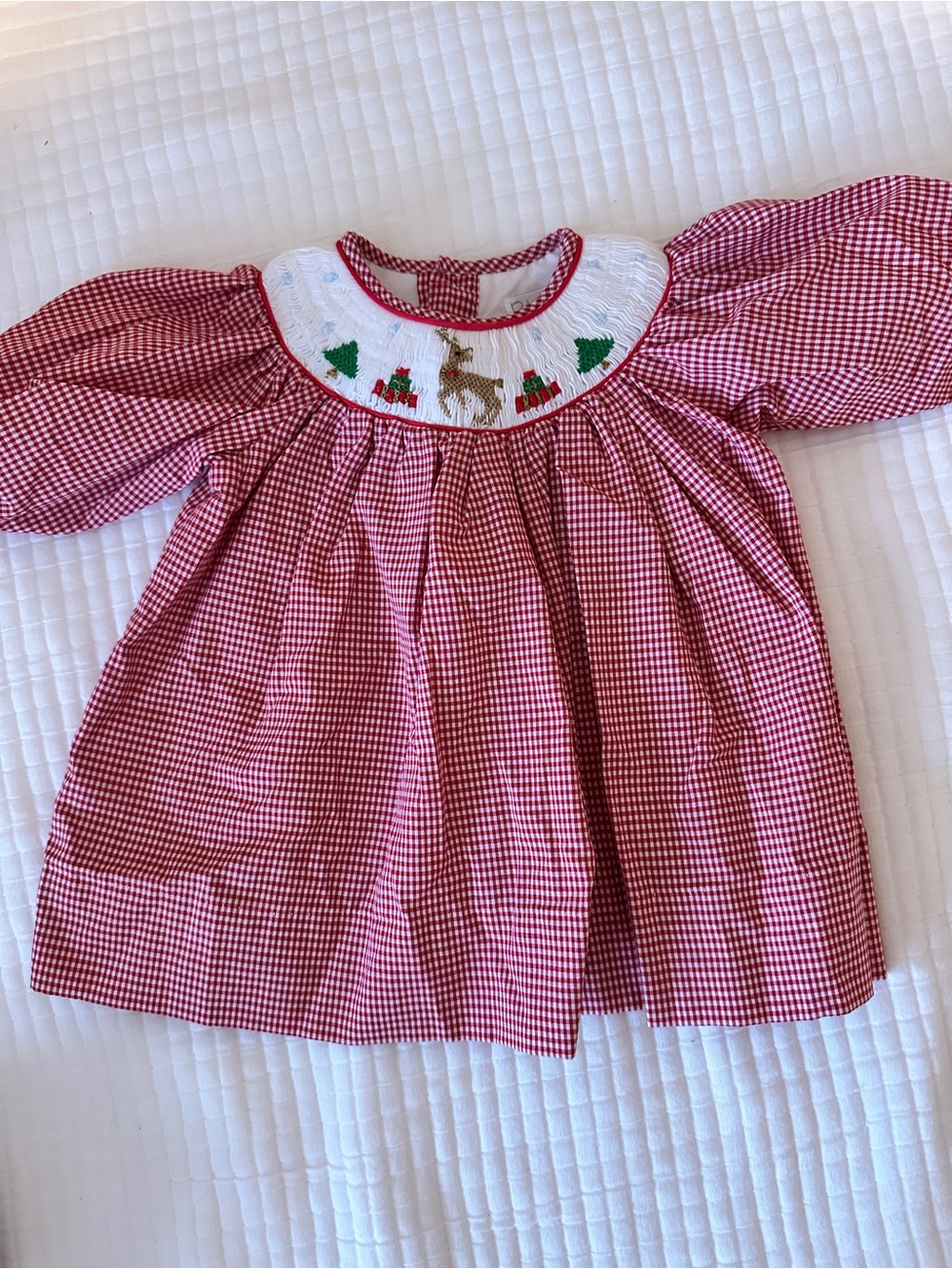 Petit Ami Red Gingham Smocked Dress with Embroidery